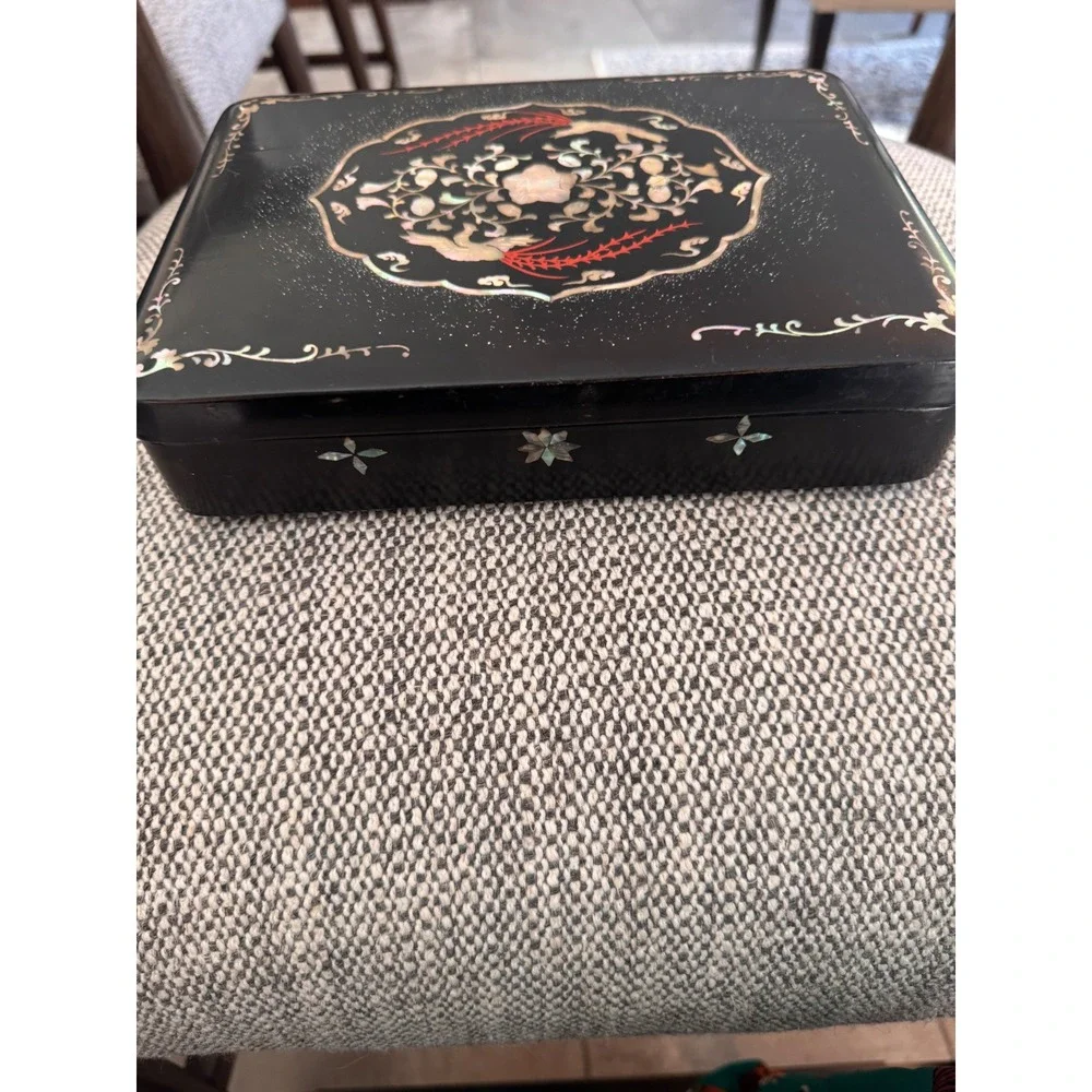 Korean Black Lacquer Box Mother of Pearl Inlay Phoenix Floral Hanji Najeonchilgi